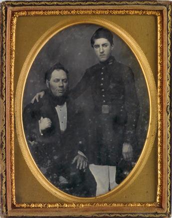 (CIVIL WAR) Pair of half-plates, comprising a daguerreotype of a soldier (his belt buckle gilted) posing with his father, and an ambrot